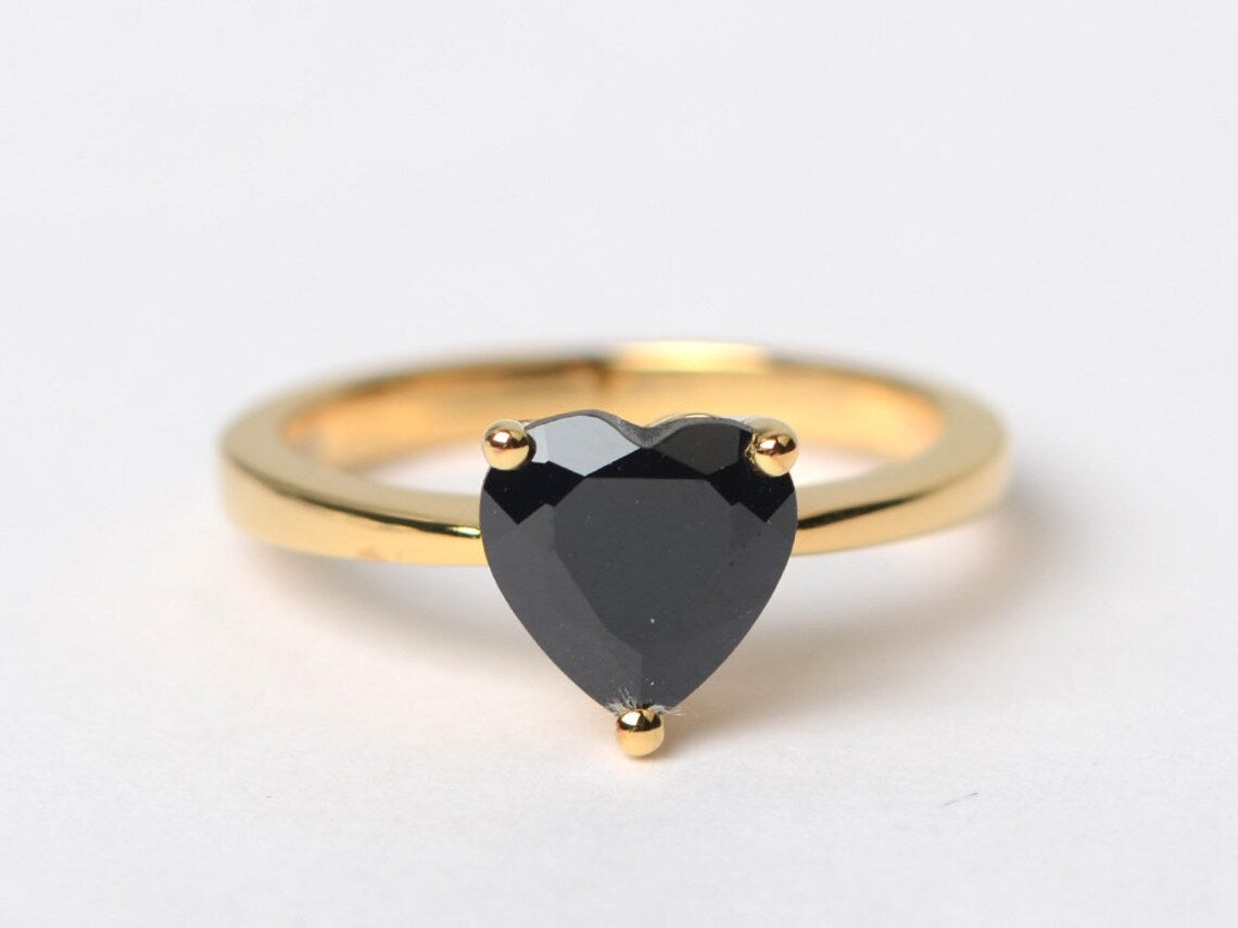 Bague solitaire en onyx noir taille cœur naturel - Bagues en vermeil en or 14 carats