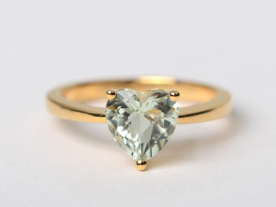 Natural Heart Cut Green Amethyst Solitaire  Ring 