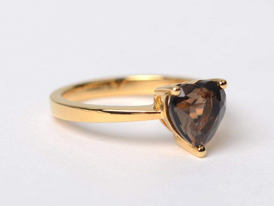 Natural Heart Cut Smoky Quartz Solitaire Ring - 14k Gold Vermeil Rings