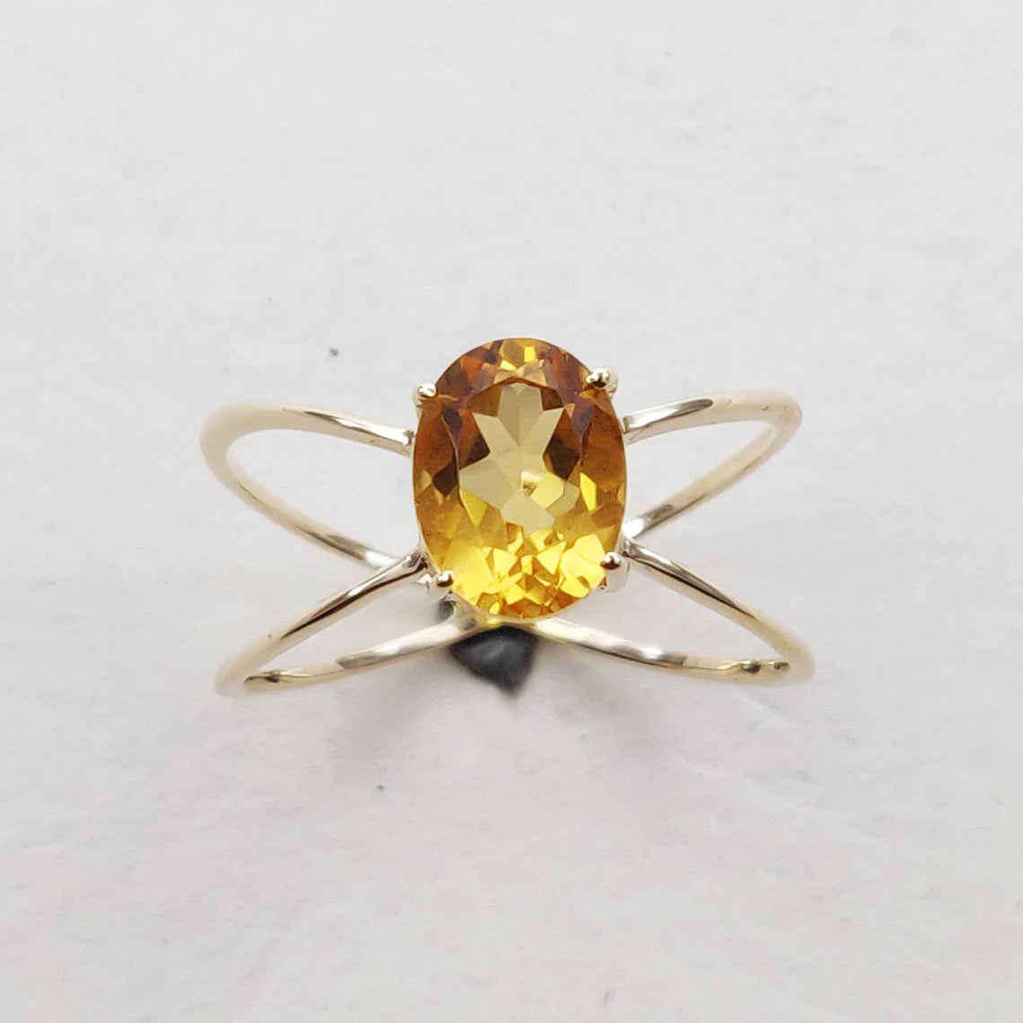 Natural Oval Cut Citrine Open Double Band Solitaire Ring - 14k Gold Vermeil Rings