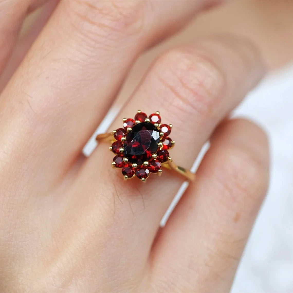 Vintage  Oval Cut Garnet Halo 14k Gold Vermeil Rings