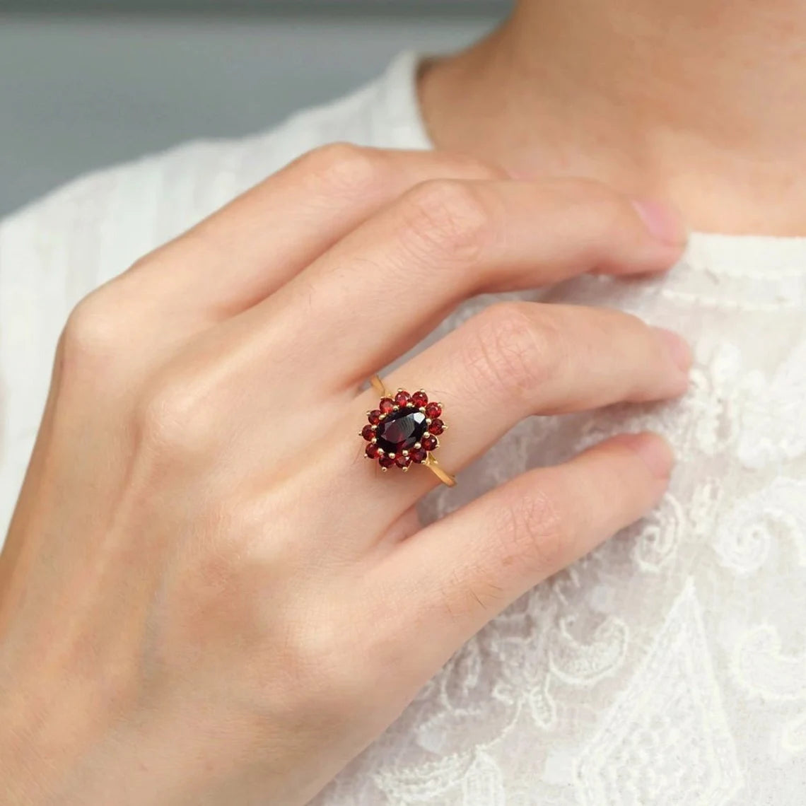 Vintage  Oval Cut Garnet Halo 14k Gold Vermeil Rings