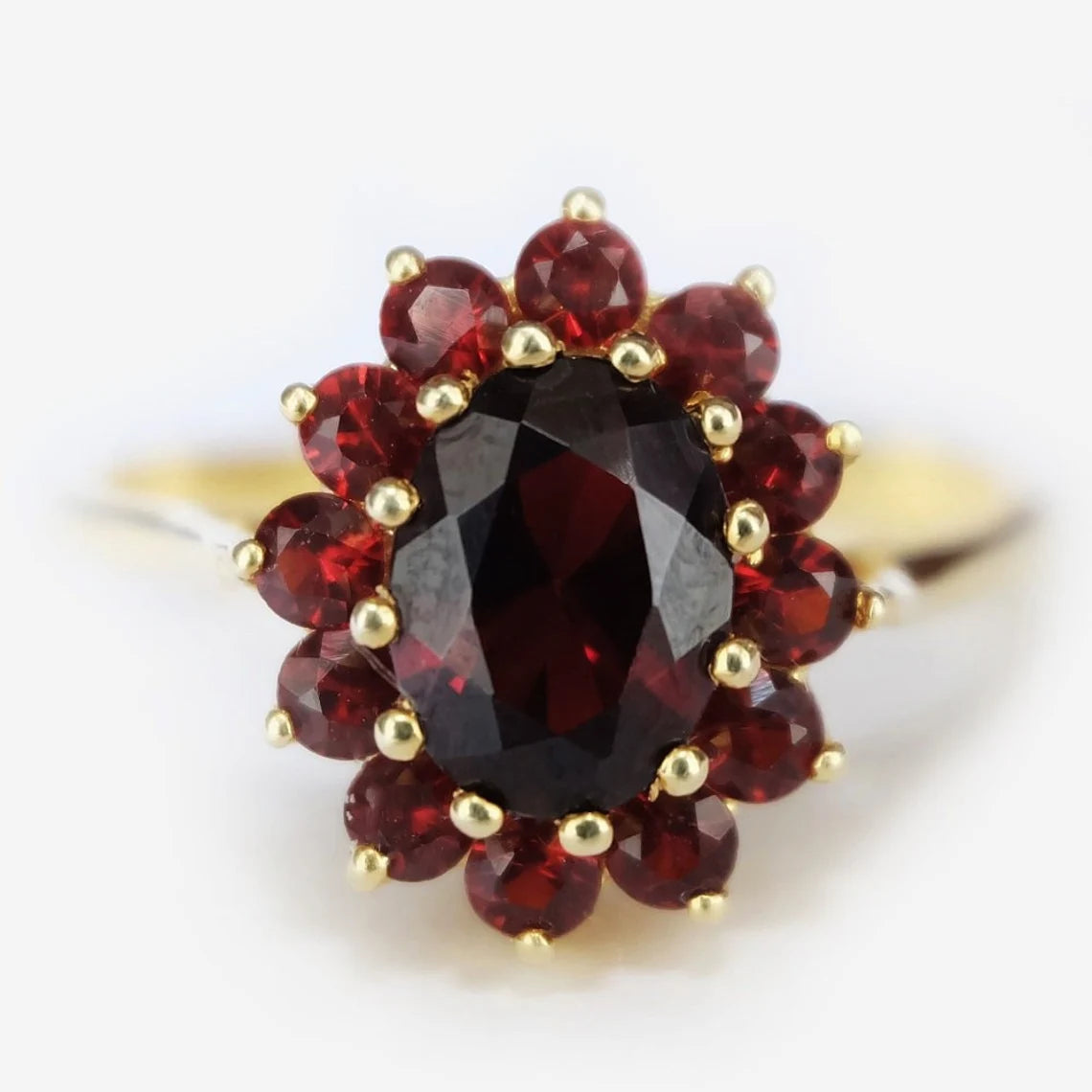 Vintage  Oval Cut Garnet Halo 14k Gold Vermeil Rings