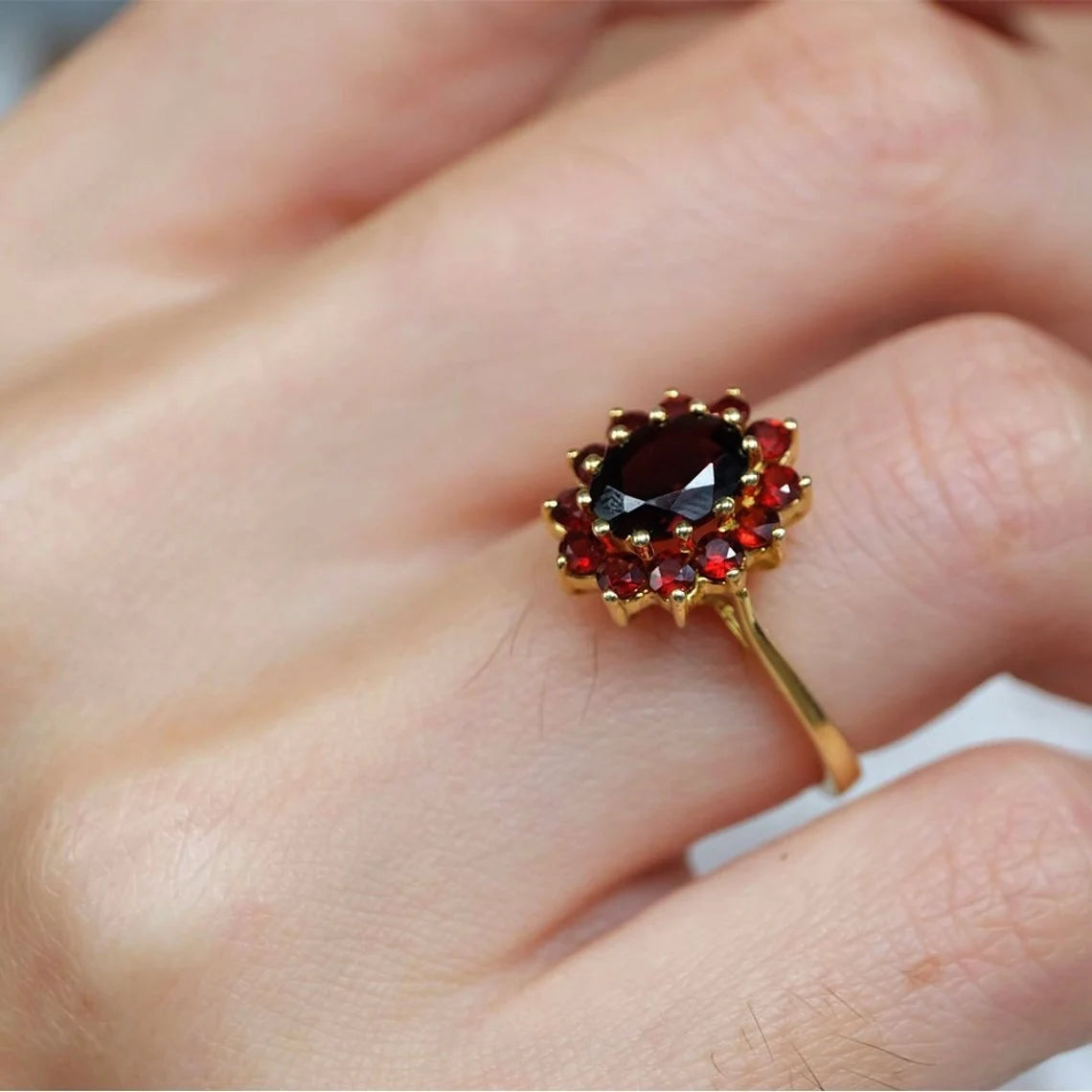 Vintage  Oval Cut Garnet Halo 14k Gold Vermeil Rings