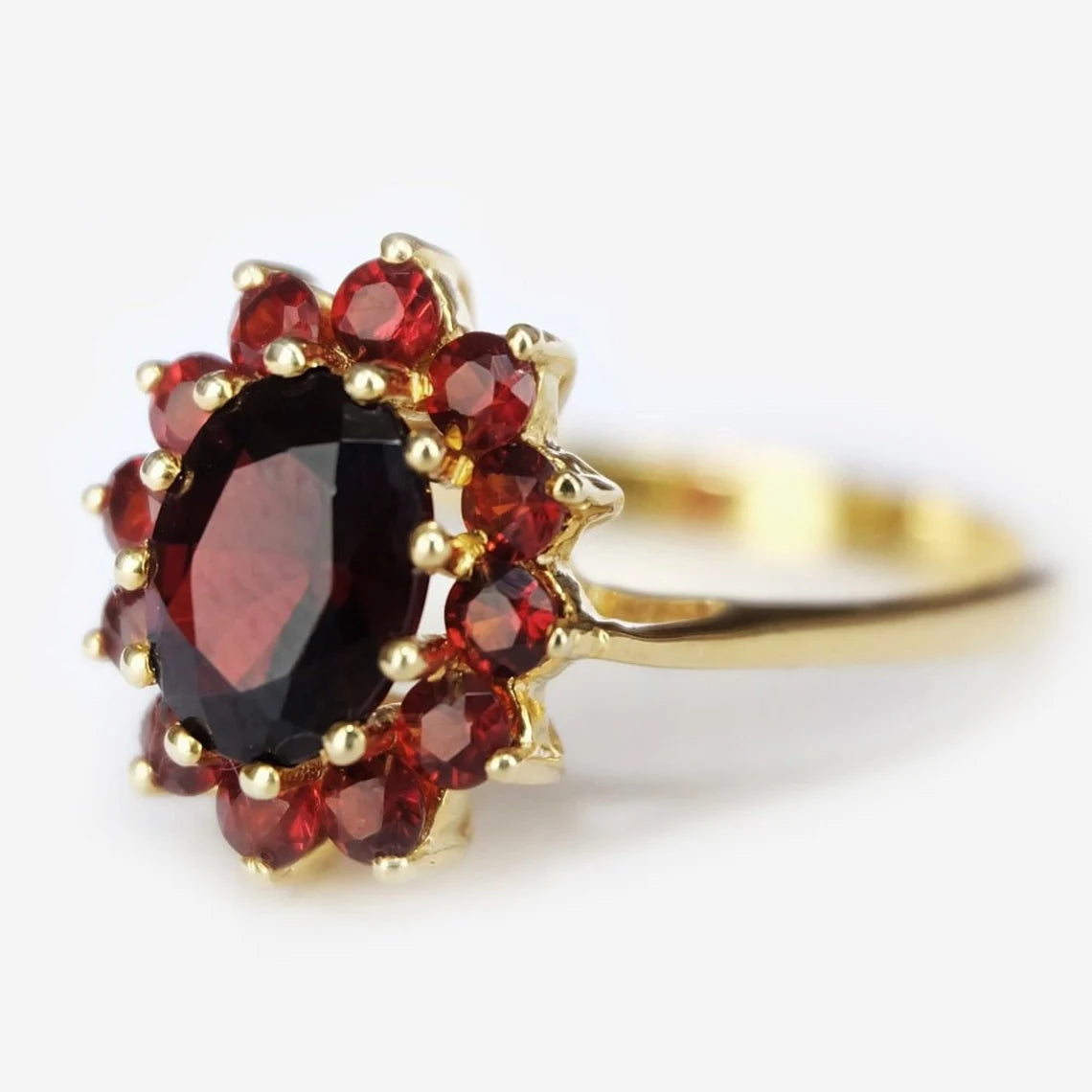 Vintage  Oval Cut Garnet Halo 14k Gold Vermeil Rings