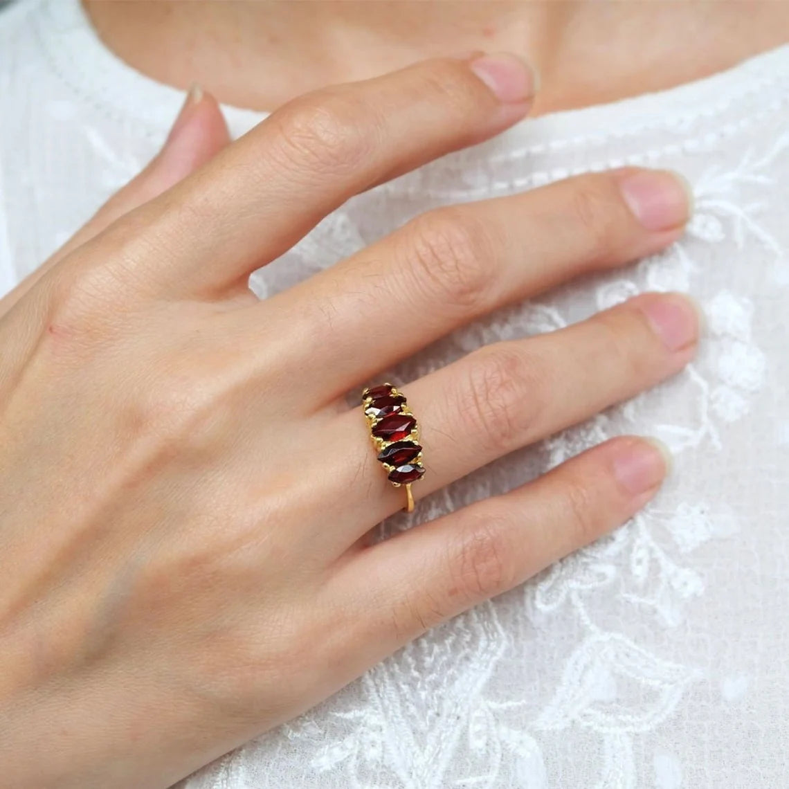 Garnet Half Eternity Rings - 14k Gold Vermeil Ring