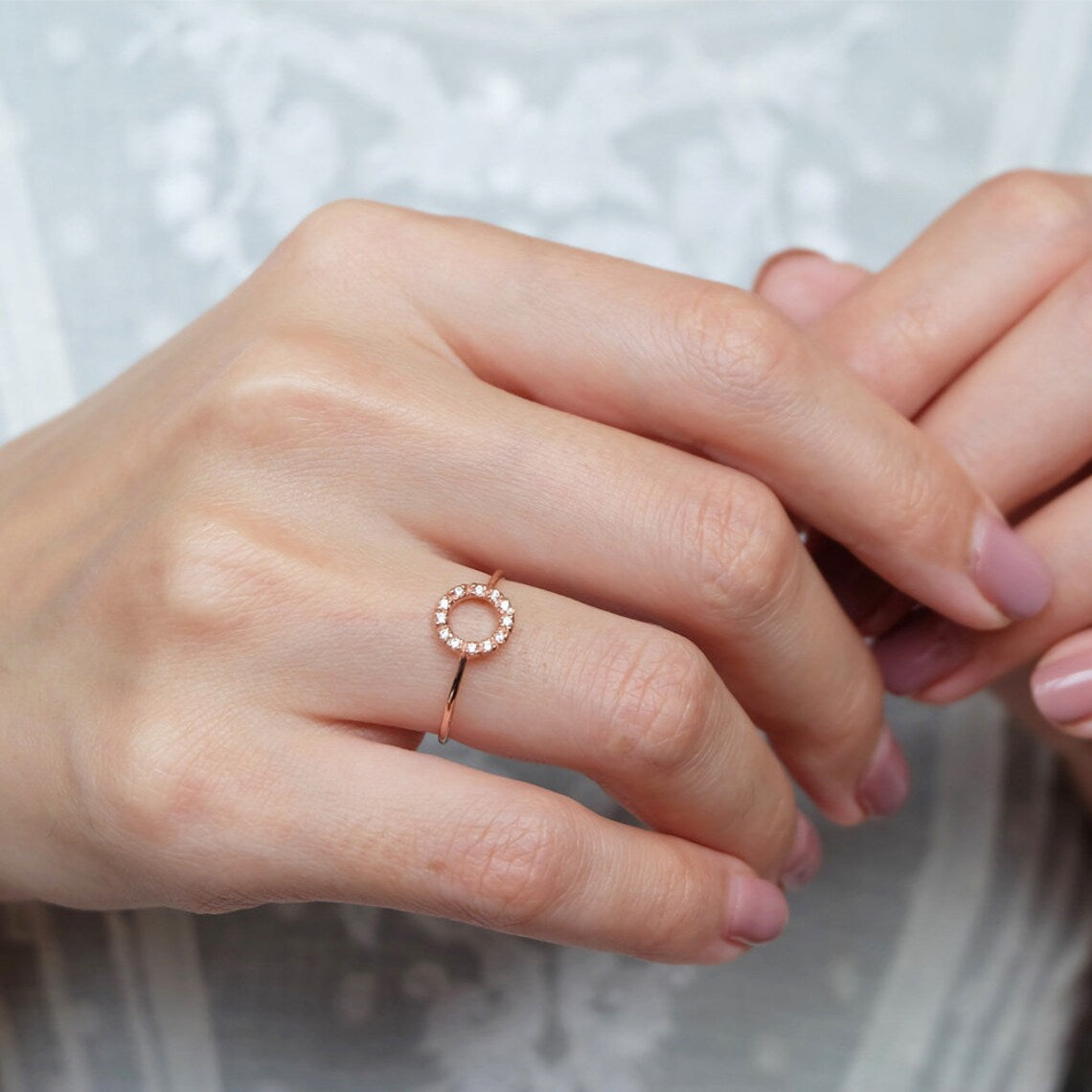 Anneaux Halo à cercle ouvert - Bague de promesse en vermeil en or rose 14 carats