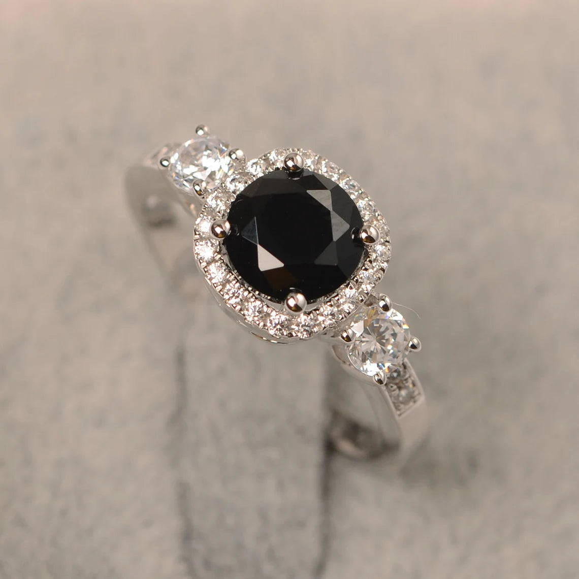 Natural Round Cut Black Onyx Wedding Halo Ring - 925 Sterling Silver Ring