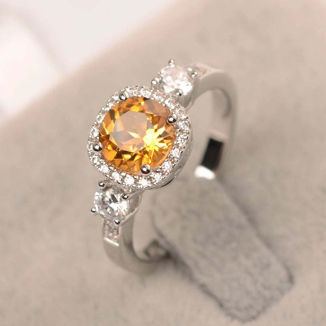 Natural Round Cut Citrine Wedding Halo Ring - 925 Sterling Silver Ring