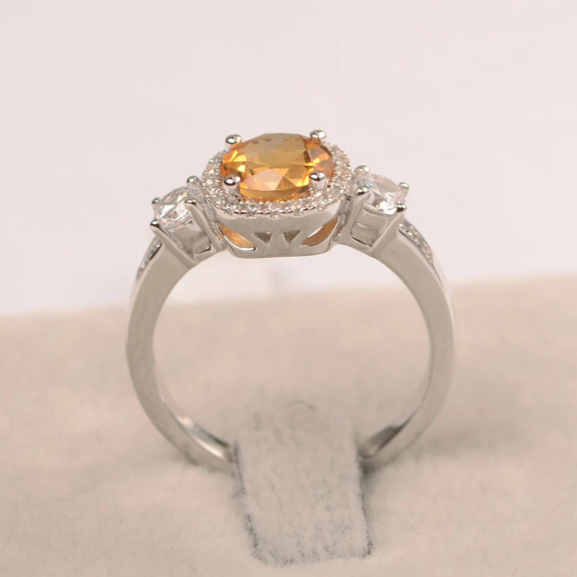 Natural Round Cut Citrine Wedding Halo Ring - 925 Sterling Silver Ring