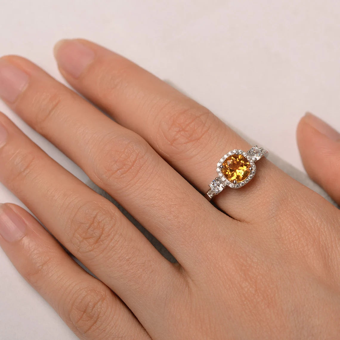 Natural Round Cut Citrine Wedding Halo Ring - 925 Sterling Silver Ring