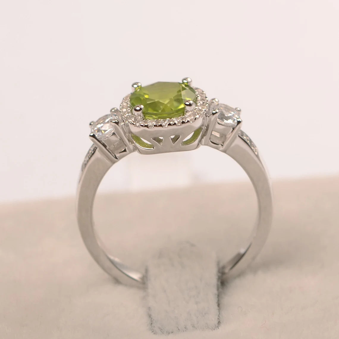 Natural Round Cut Peridot Wedding Halo Ring - 925 Sterling Silver Ring