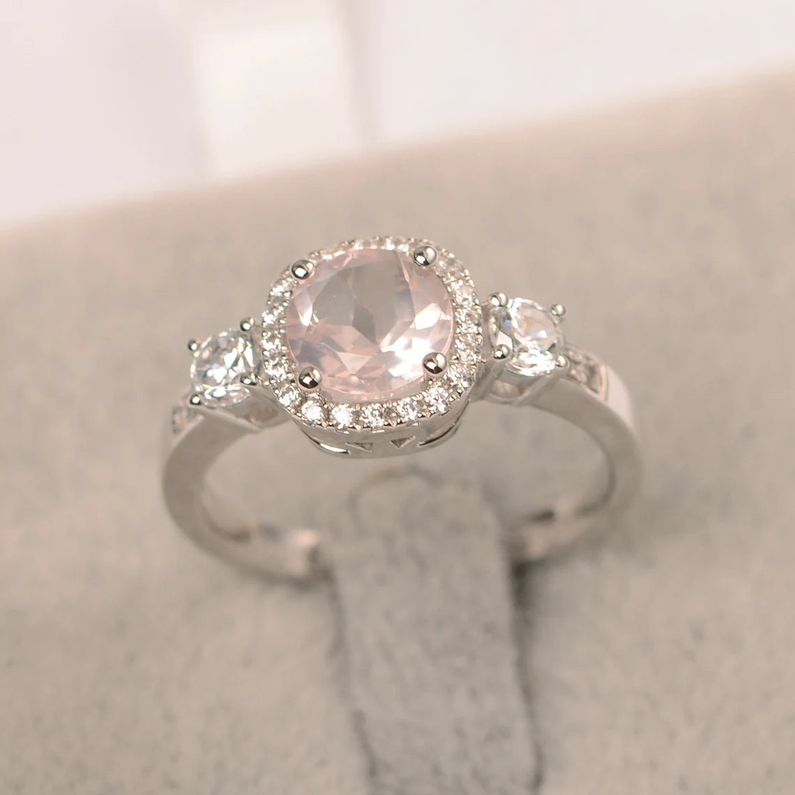 Bague halo de mariage en quartz rose taille ronde naturelle - Bague en argent sterling 925