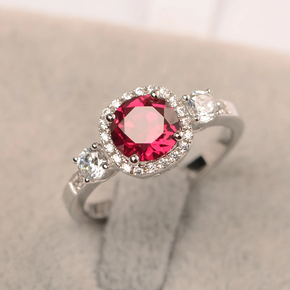 Ruby Round Cut Halo Ring - 925 Sterling Silver RIng