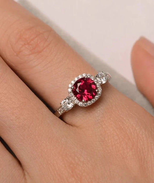 Ruby Round Cut Halo Ring - 925 Sterling Silver RIng