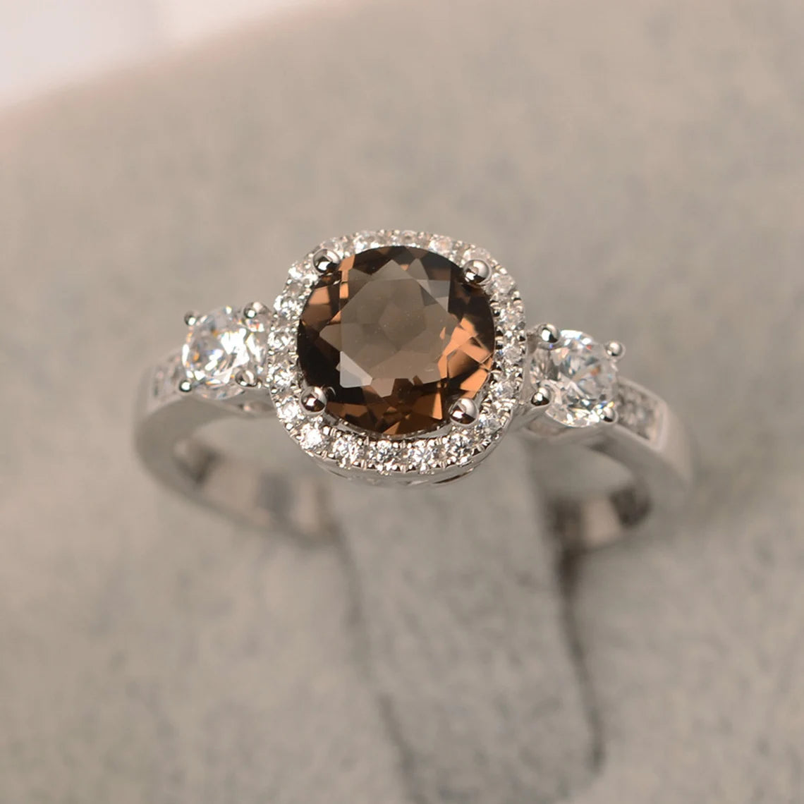 Natural Round Cut Smoky Quartz Halo Wedding Ring - 925 Sterling Silver RIng