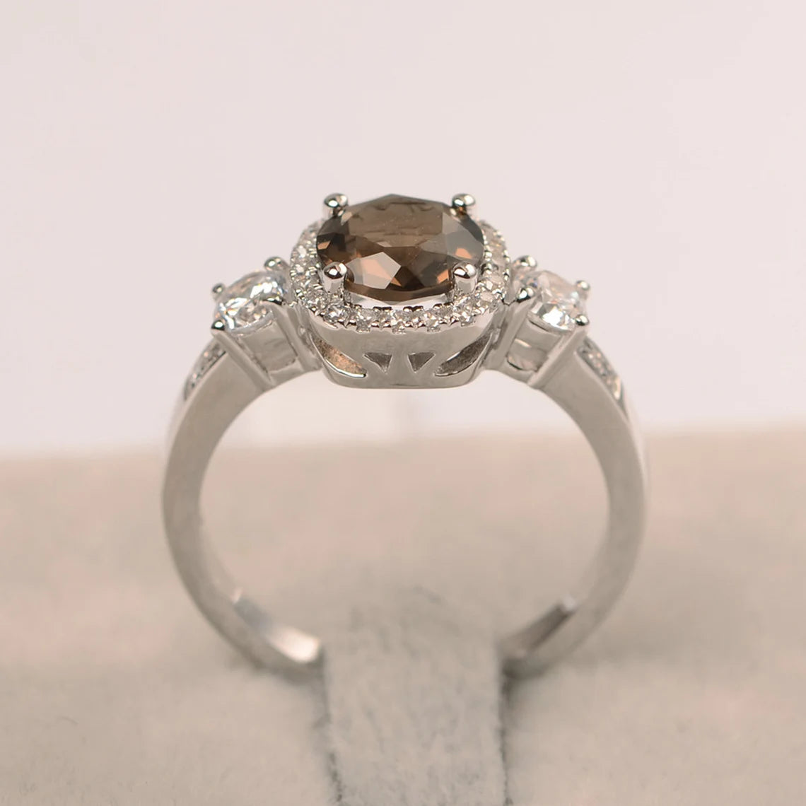 Natural Round Cut Smoky Quartz Halo Wedding Ring - 925 Sterling Silver RIng