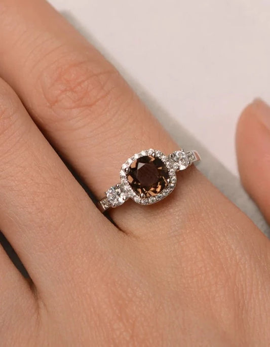 Natural Round Cut Smoky Quartz Halo Wedding Ring - 925 Sterling Silver RIng