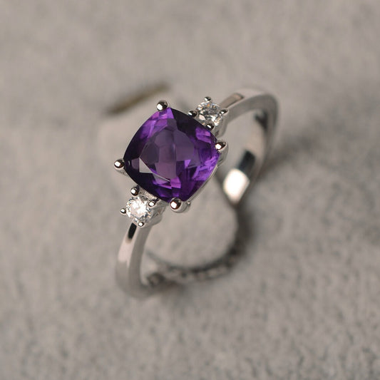 Natural Cushion Cut Amethyst  Solitaire Ring - 925 Sterling Silver Ring