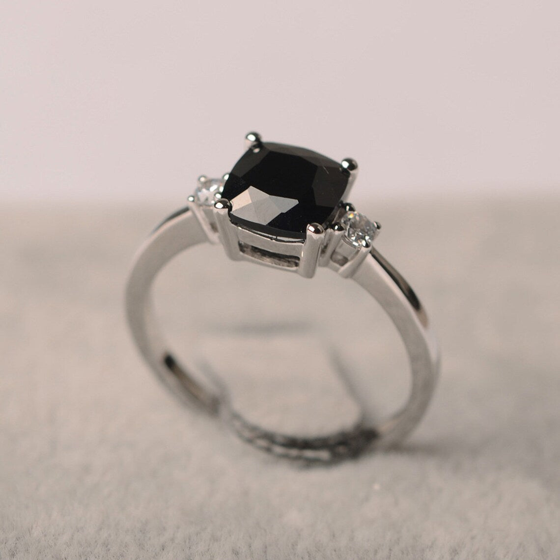 Natural Cushion Cut Black Onyx Solitaire Ring - 925 Sterling Silver Ring