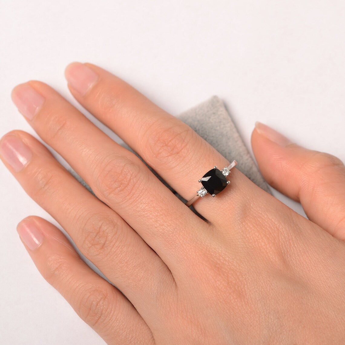 Natural Cushion Cut Black Onyx Solitaire Ring - 925 Sterling Silver Ring