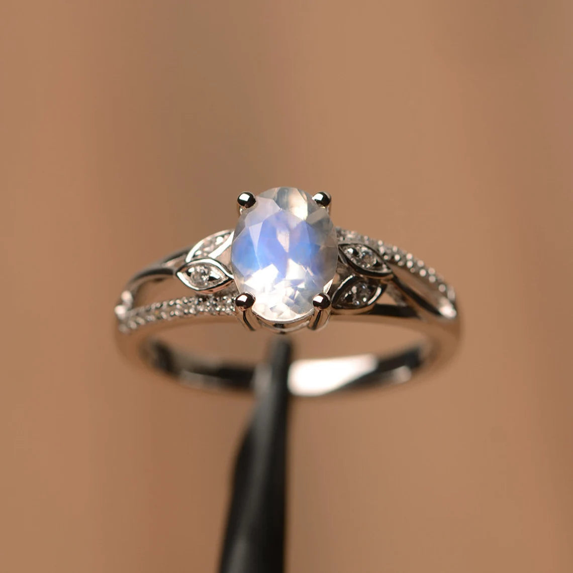 Natural Oval Cut Rainbow Moonstone Statement Ring