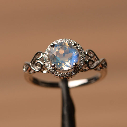 Natural Round Cut Rainbow Moonstone Halo Ring