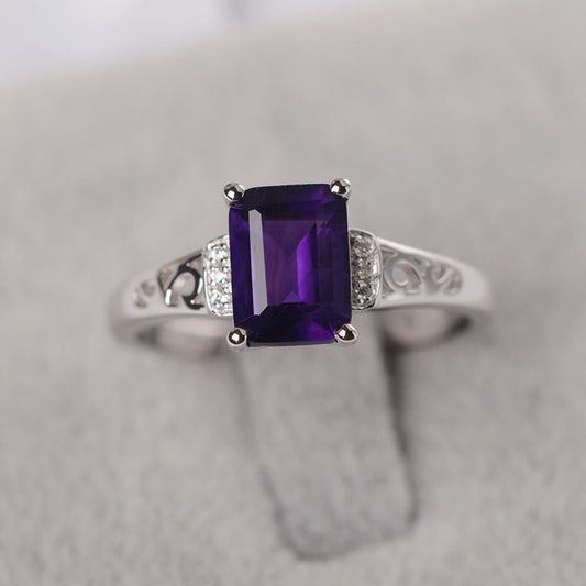 Natural Emerald Cut Amethyst  Solitaire Ring - 925 Sterling Silver Ring