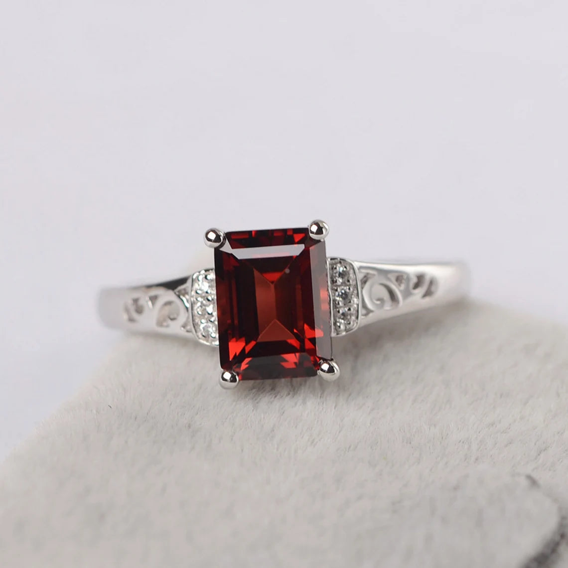 Natural Emerald Cut Garnet Solitaire Ring - 925 Sterling Silver Ring