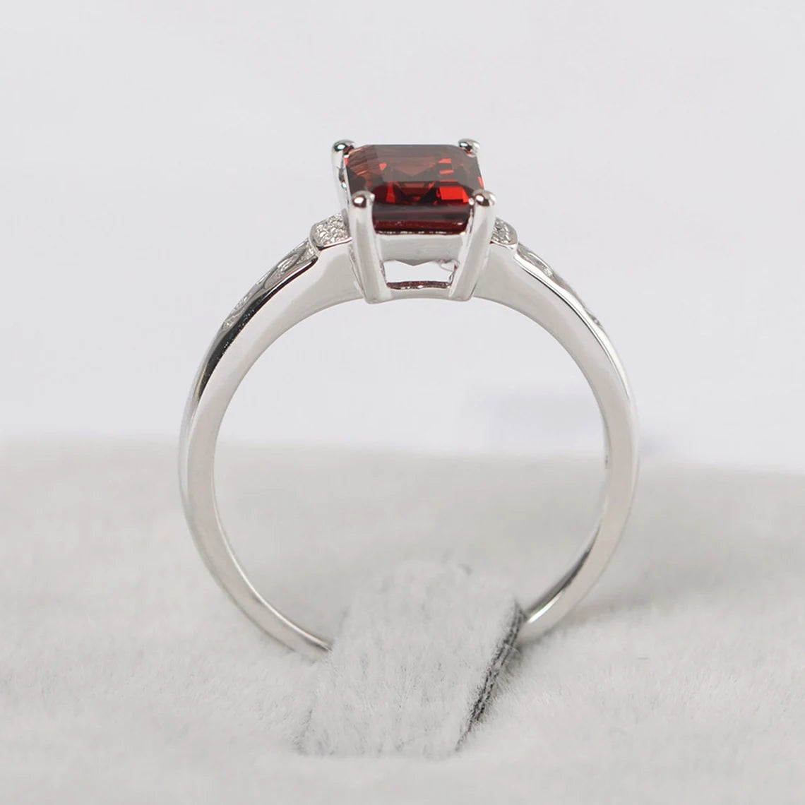 Natural Emerald Cut Garnet Solitaire Ring - 925 Sterling Silver Ring