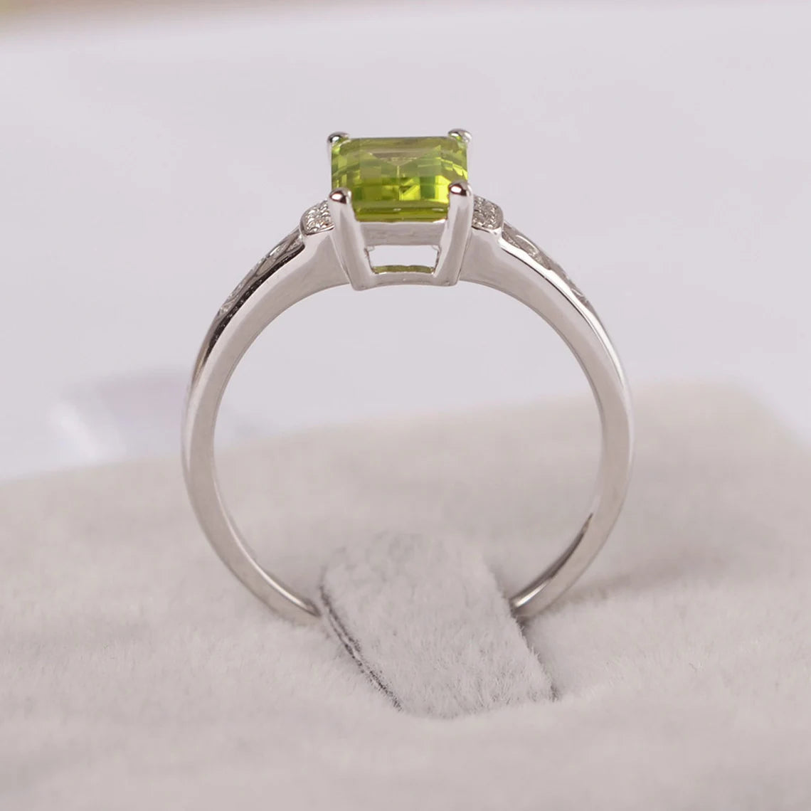 Natural Emerald Cut Peridot Solitaire Ring - 925 Sterling Silver Ring