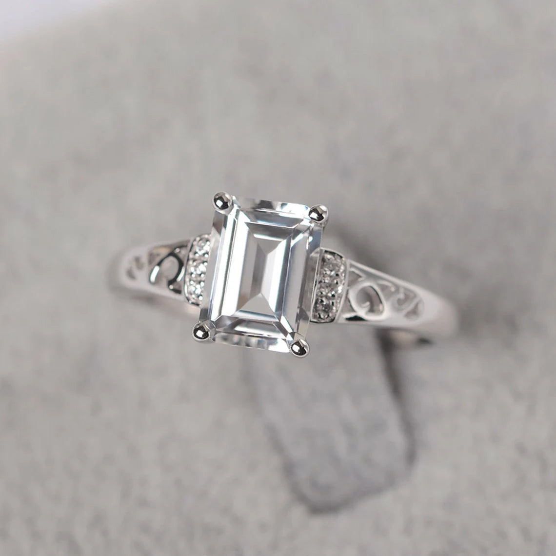 Natural Emerald Cut White Topaz Solitaire Ring - 925 Sterling Silver Ring