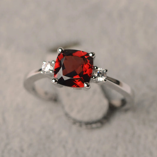 Natural Cushion Cut Garnet Solitaire Ring - 925 Sterling Silver Ring