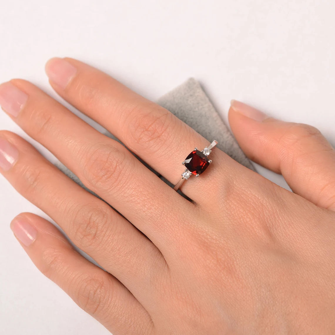 Natural Cushion Cut Garnet Solitaire Ring - 925 Sterling Silver Ring