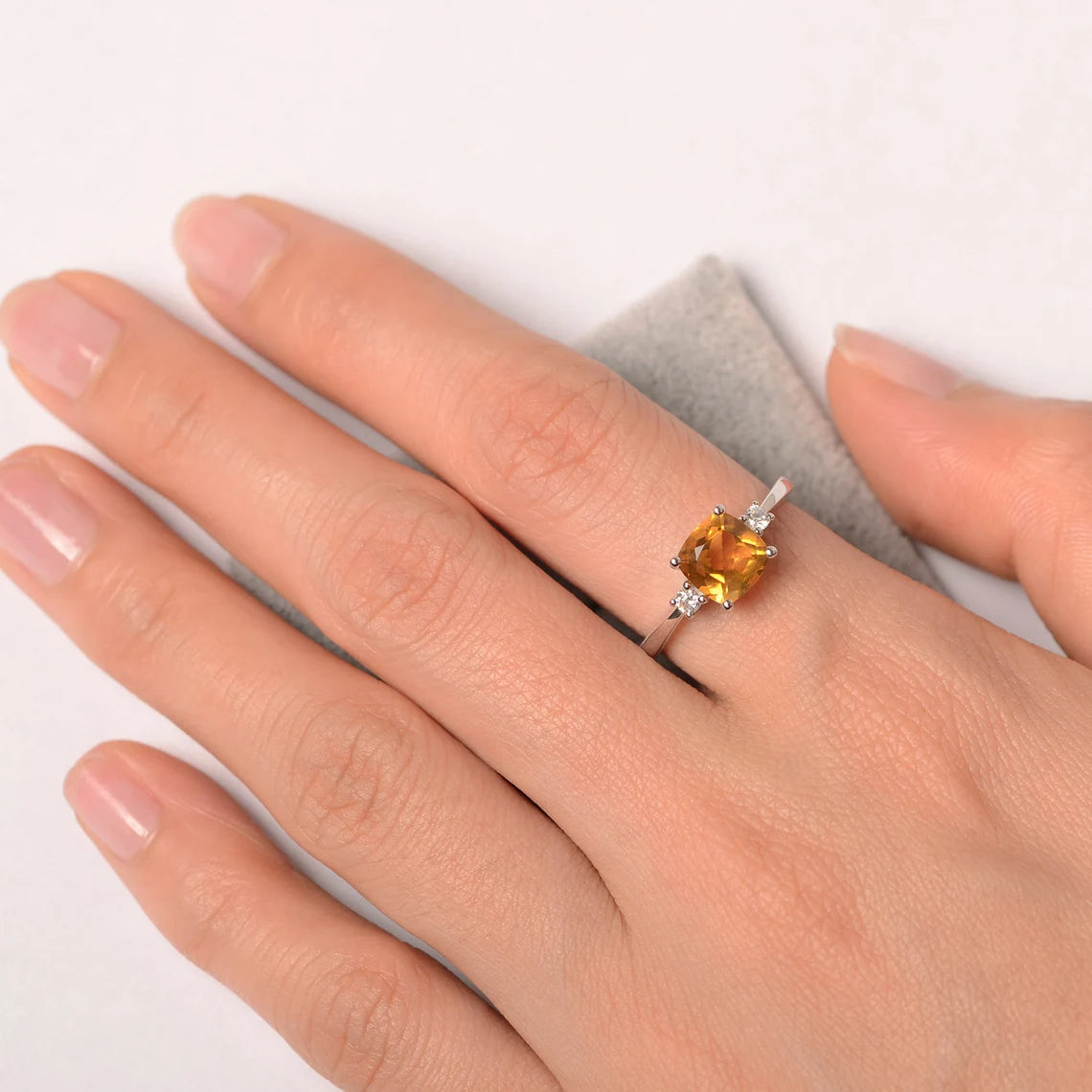 Bague solitaire citrine taille coussin naturel - Bague en argent sterling 925