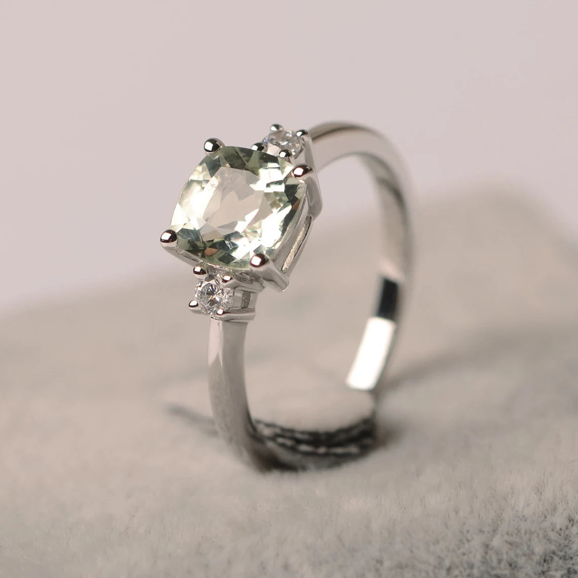 Natural Cushion Cut Green Amethyst Wedding Ring - 925 Sterling Silver Ring