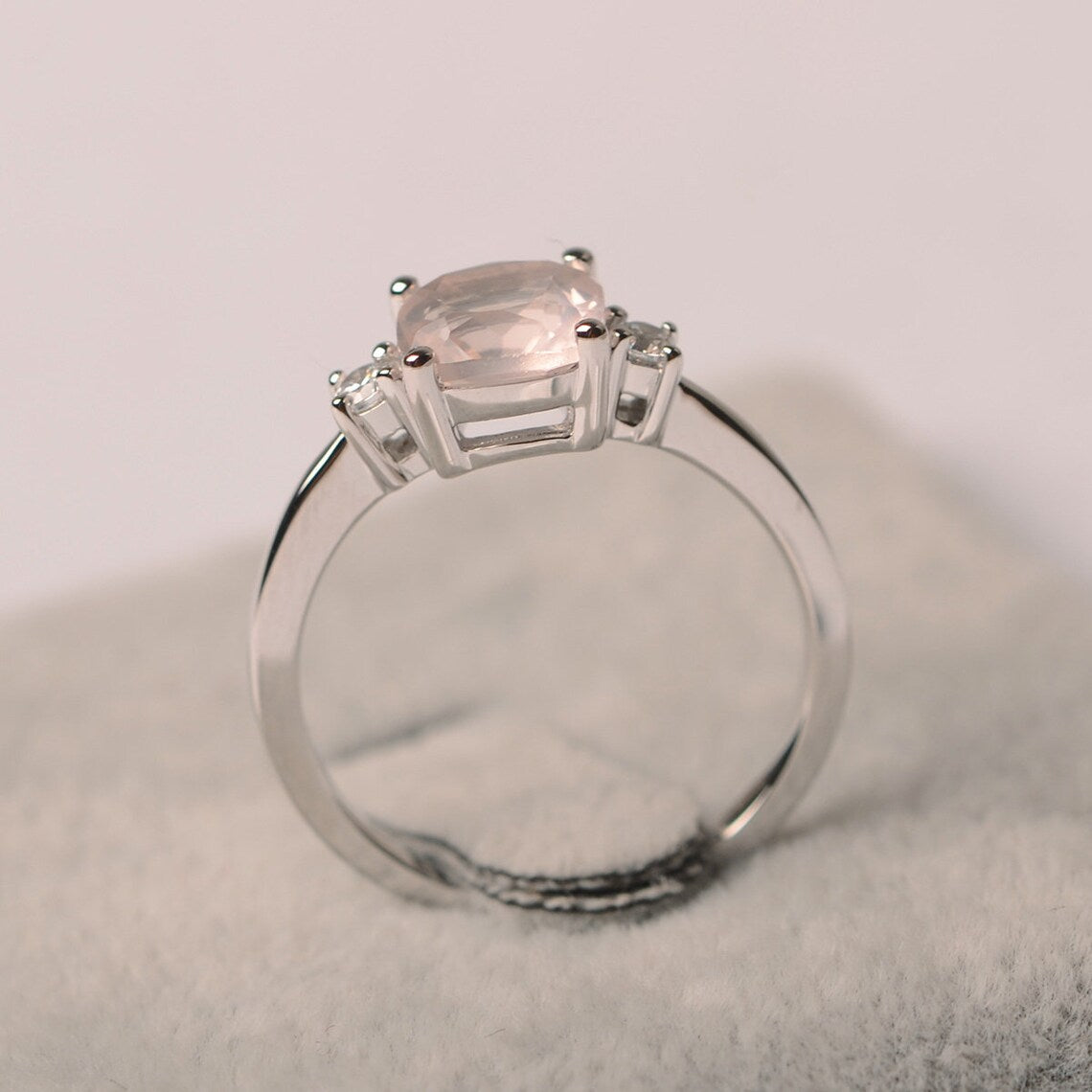 Natural Cushion Cut Rose Quartz Promise Ring - 925 Sterling Silver Ring