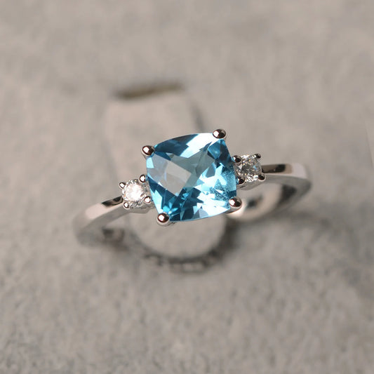 Natural Cushion Cut Swiss Blue Topaz Ring - 925 Sterling Silver Ring