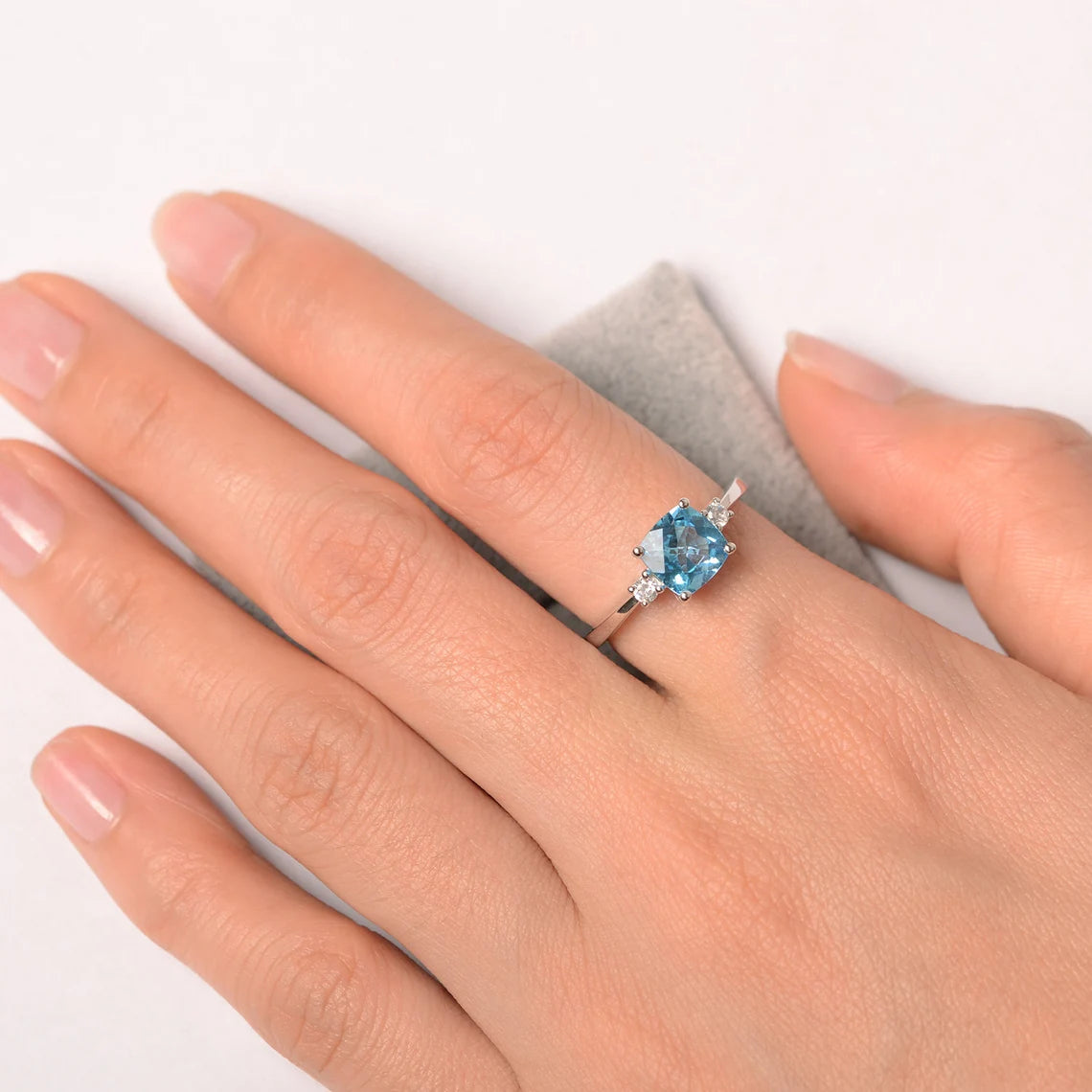 Natural Cushion Cut Swiss Blue Topaz Ring - 925 Sterling Silver Ring