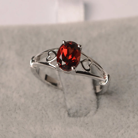 Natural Oval Cut Garnet Solitaire Ring  - 925 Sterling Silver Ring