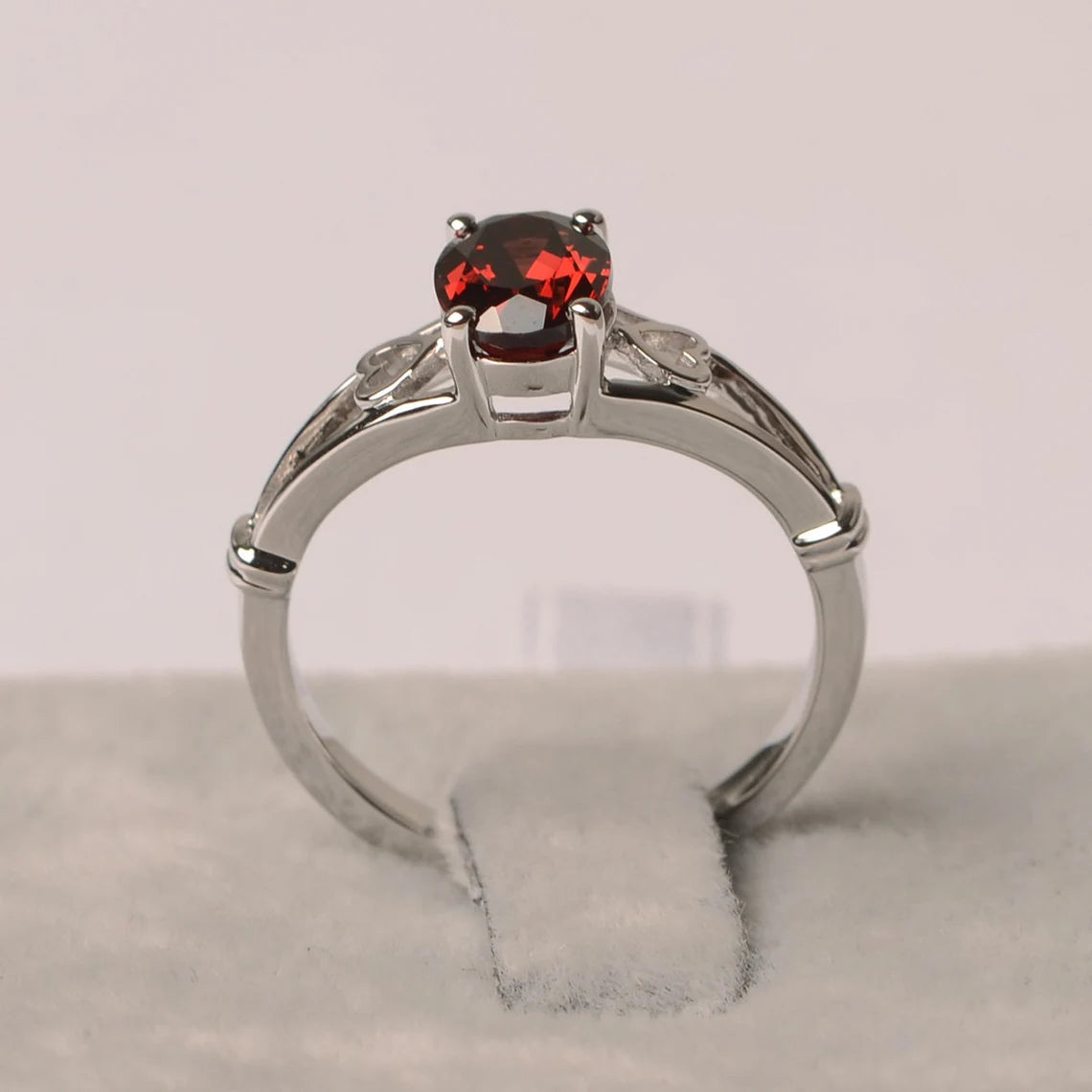 Natural Oval Cut Garnet Solitaire Ring  - 925 Sterling Silver Ring