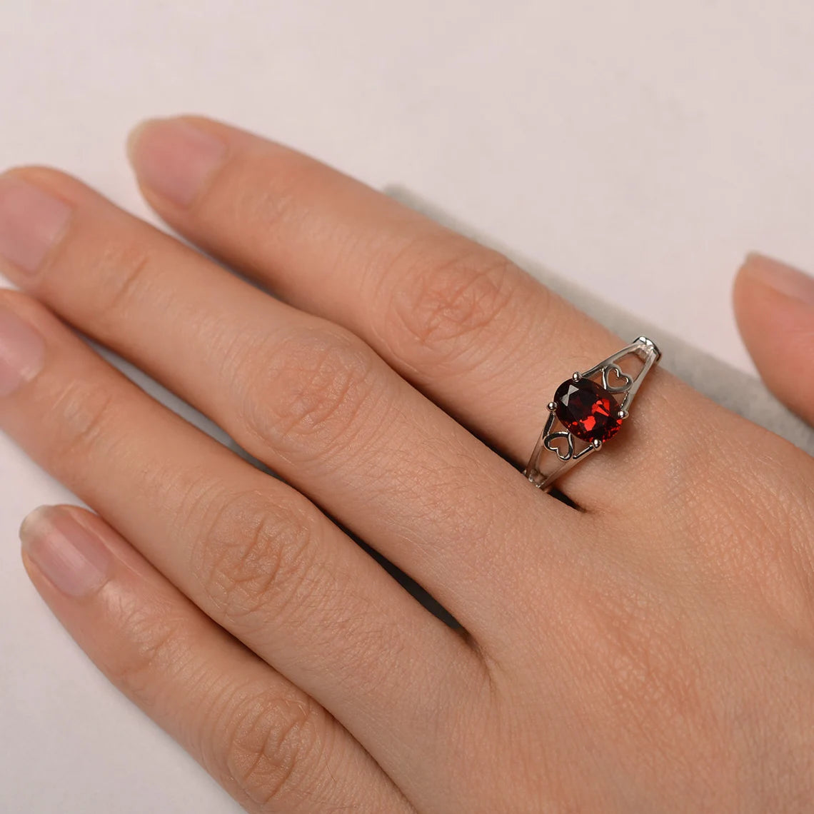 Natural Oval Cut Garnet Solitaire Ring  - 925 Sterling Silver Ring