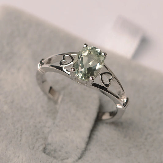 Natural Oval Cut Green Amethyst Solitaire Ring - 925 Sterling Silver Ring