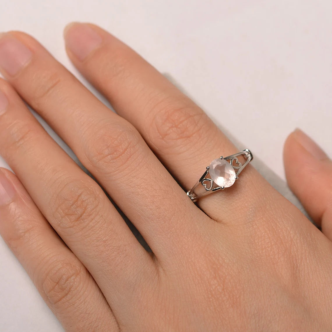 Natural Oval Cut Rose Quartz Promise Ring - 925 Sterling Silver Ring