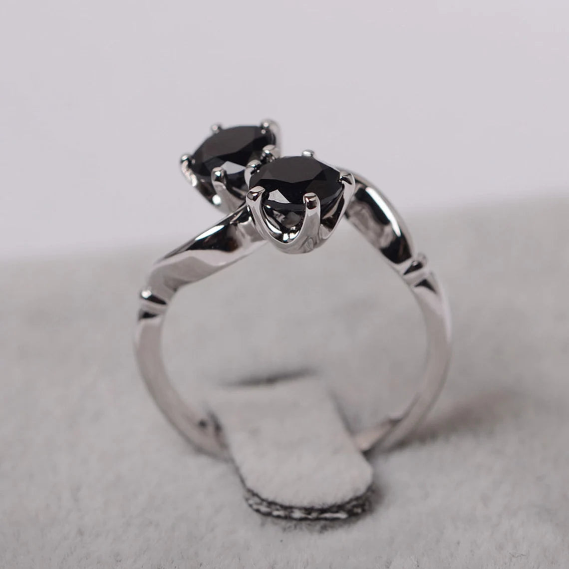 Natural Round Cut Black Onyx Two Stone Engagement Ring - 925 Sterling Silver Ring