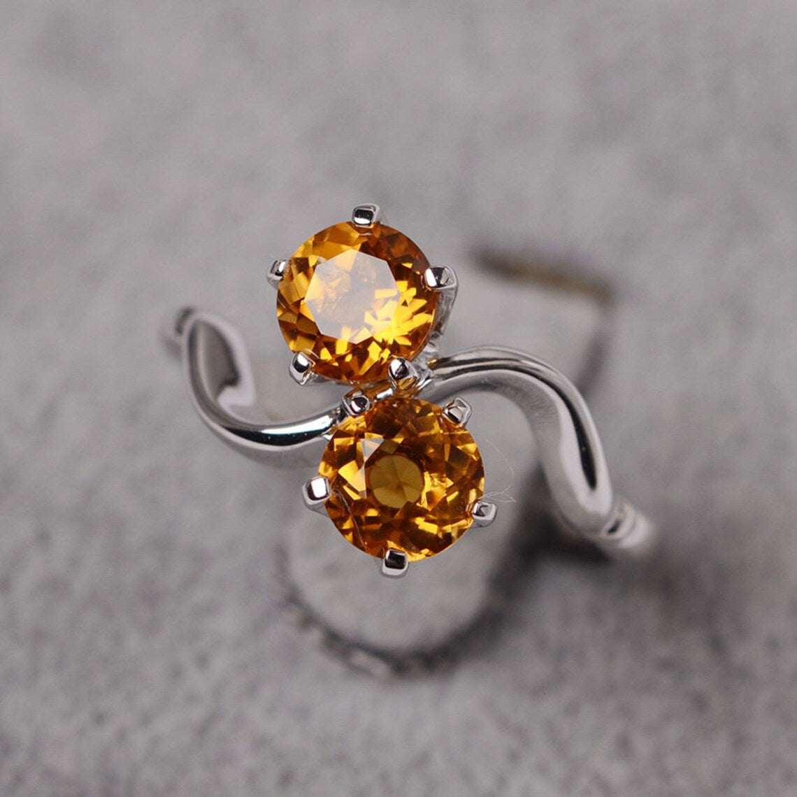 Natural Round Cut Citrine Two Stone Engagement Ring - 925 Sterling Silver Ring