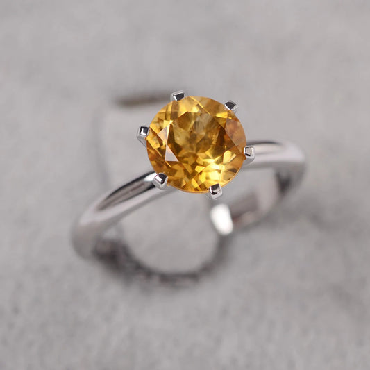 Natural Round Cut Citrine Solitaire Ring - 925 Sterling Silver Ring