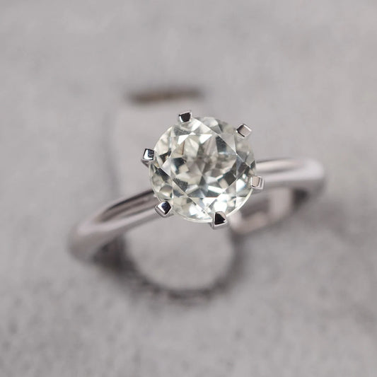 Natural Round Cut Green Amethyst Solitaire Ring - 925 Sterling Silver Ring - Six Prong Rings