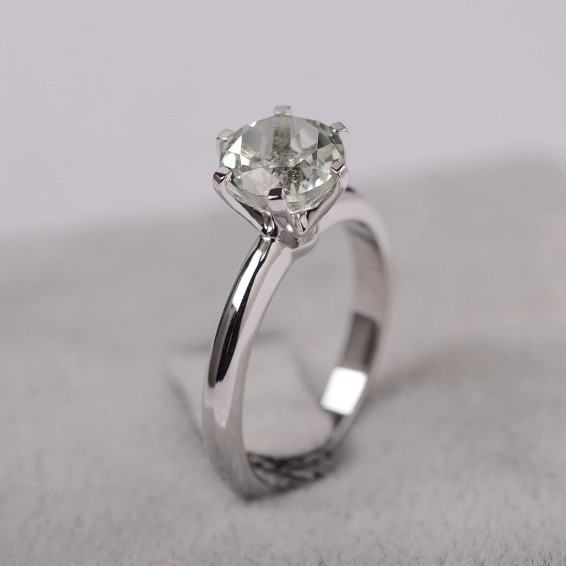 Natural Round Cut Green Amethyst Solitaire Ring - 925 Sterling Silver Ring - Six Prong Rings