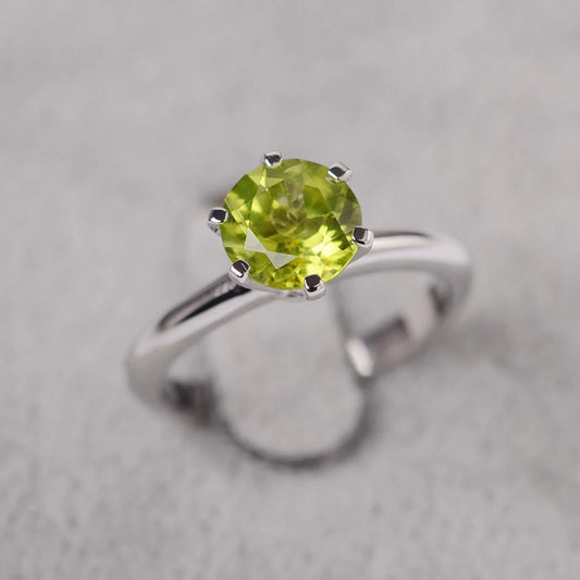 Natural Round Cut Peridot Solitaire Ring - 925 Sterling Silver Ring